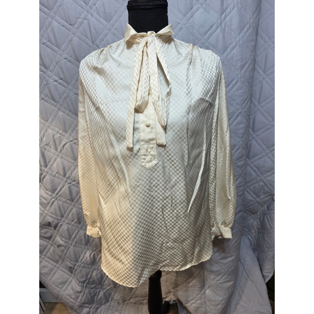 Vintage Bonwit Teller Cream Jacquard Checkerboard Tie‎ Neck Blouse Womens 4